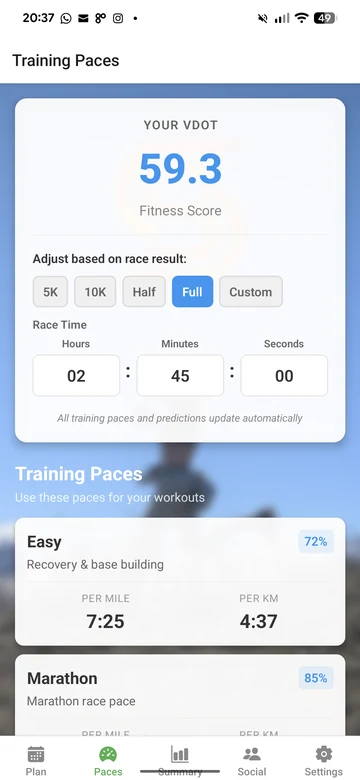 SCAMPR app: Your training paces